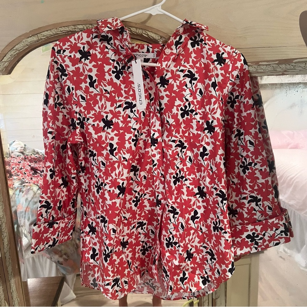 Chico's Red and Black Floral Blouse